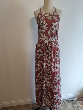 Roxy Floral Halter Maxi Dress in Rust and White - Linen Blend